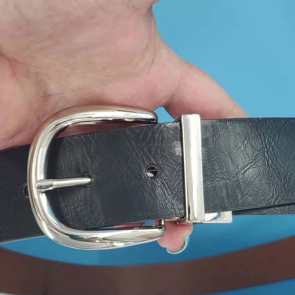 Black leather belt silver tone buckle